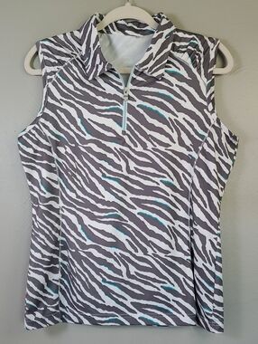 n Vo Sleeveless Zebra-Stripe Golf Polo with Aqua Accents. Medium